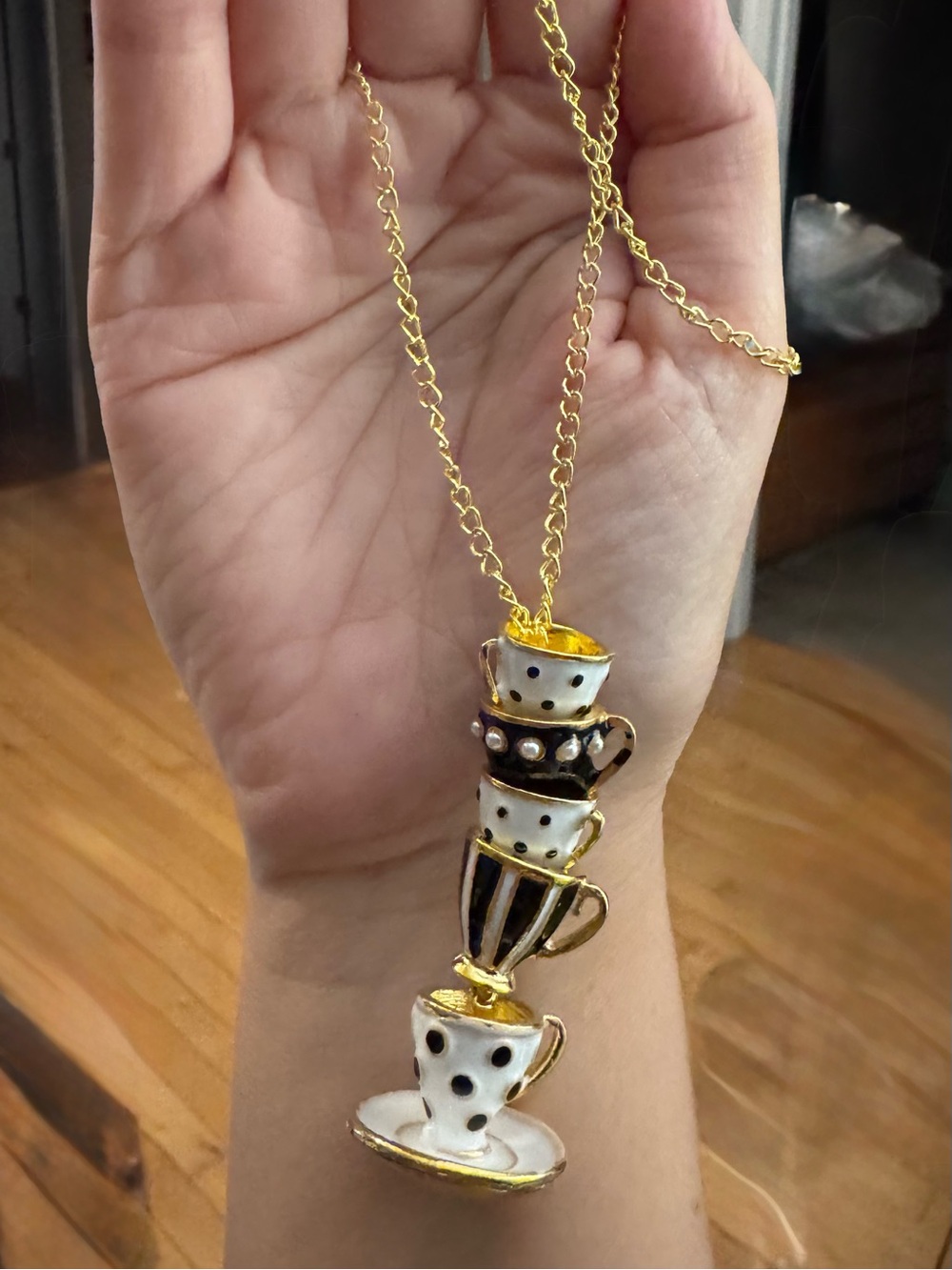 Stacked Teacup Pendant Necklace - White & Black Gold-Tone